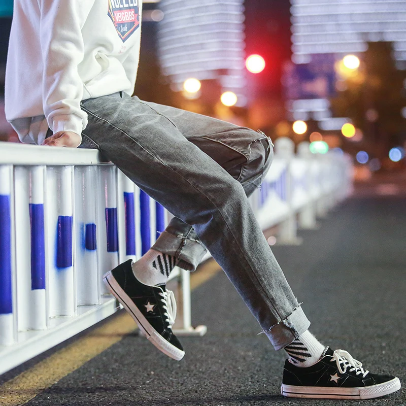 

Fashion Casual Men's Jeans Spring And Autumn New S-2XL Hole Cotton Loose Trousers Dark Blue Personality Youth Popular