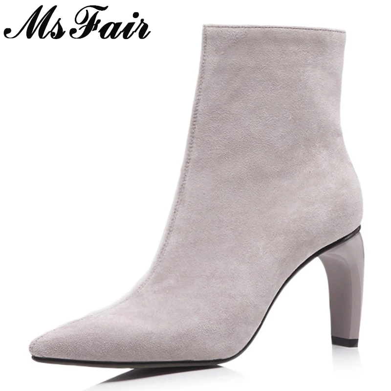 

MSFAIR Pointed Toe high Heel Women Boots Fashion Flock Metal Zipper Ankle Boots Women Shoes Square heel Black Boots Shoes Woman