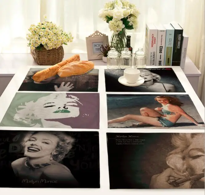 

Printed Linen Placemat Place mat Table Mat cute polyester Marilyn Monroe Dinner table mat Coaster Home textile Dec FG894