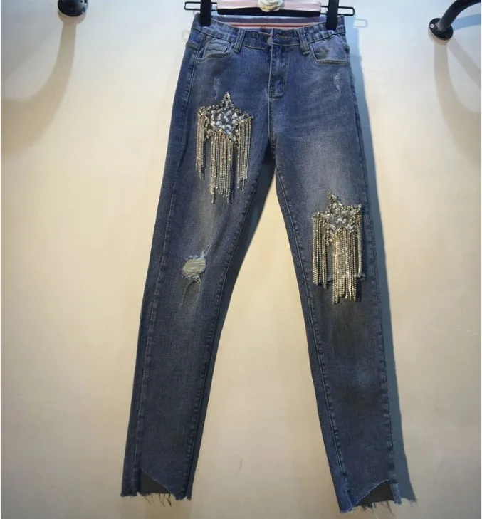 

Blue Jeans Woman 2019 Spring Heavy Five-star Fringed Beads Diamond High Waist Stretch Denim Pants Slim Pencil Trousers