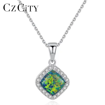 

CZCITY Genuine Sterling Silver Necklaces for Women Fine Jewellery Link Chain And Square Fire Opal Pendant Necklace Bijoux Femme