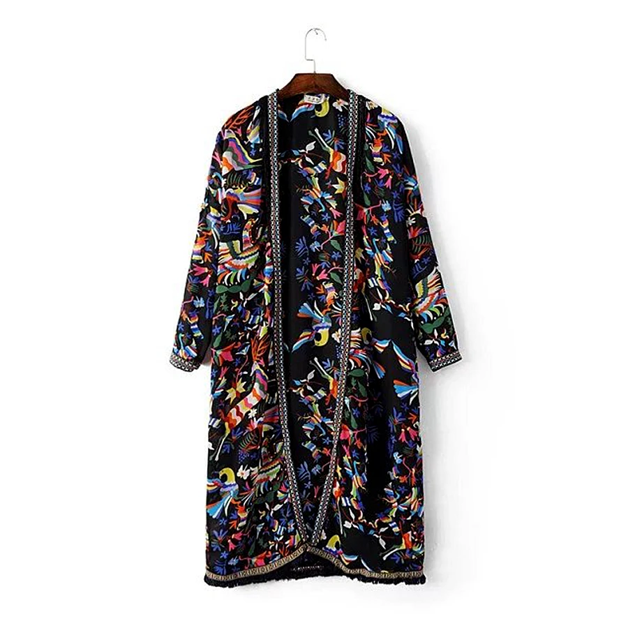 Printed chiffon Embroidery lace Long Kimono Tassel Cardigan Sunscreen