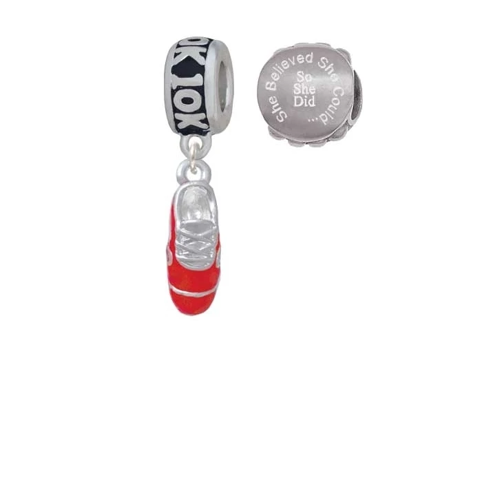 Silvertone 3-D Red Running Shoe 10K Run She Believed She Could Charm Beads (Set of 2)
