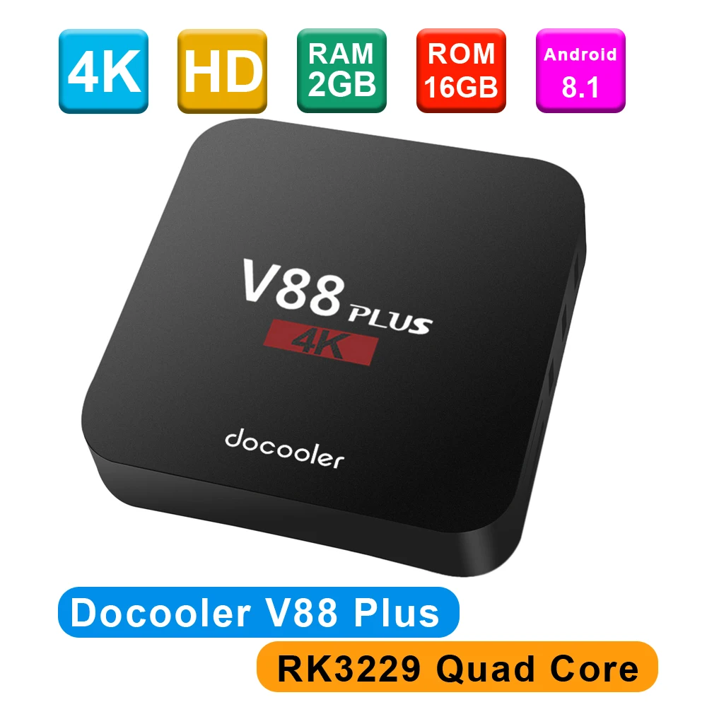 Docooler Smart Android tv Box V88 Plus Android 8,1 2 ГБ/16 ГБ RK3229 четырехъядерный телеприставка 4K коробка VP9 H.265 WiFi LAN HD медиаплеер