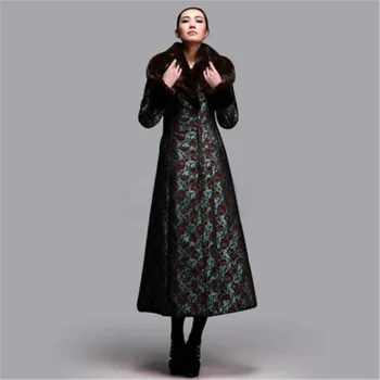 Cheap New Arrival 2015 Winter Women Vintage Print Long Thick Coat Wadded Parkas Fur Collar Slim Zippers Cotton-Padded Jacket LW295