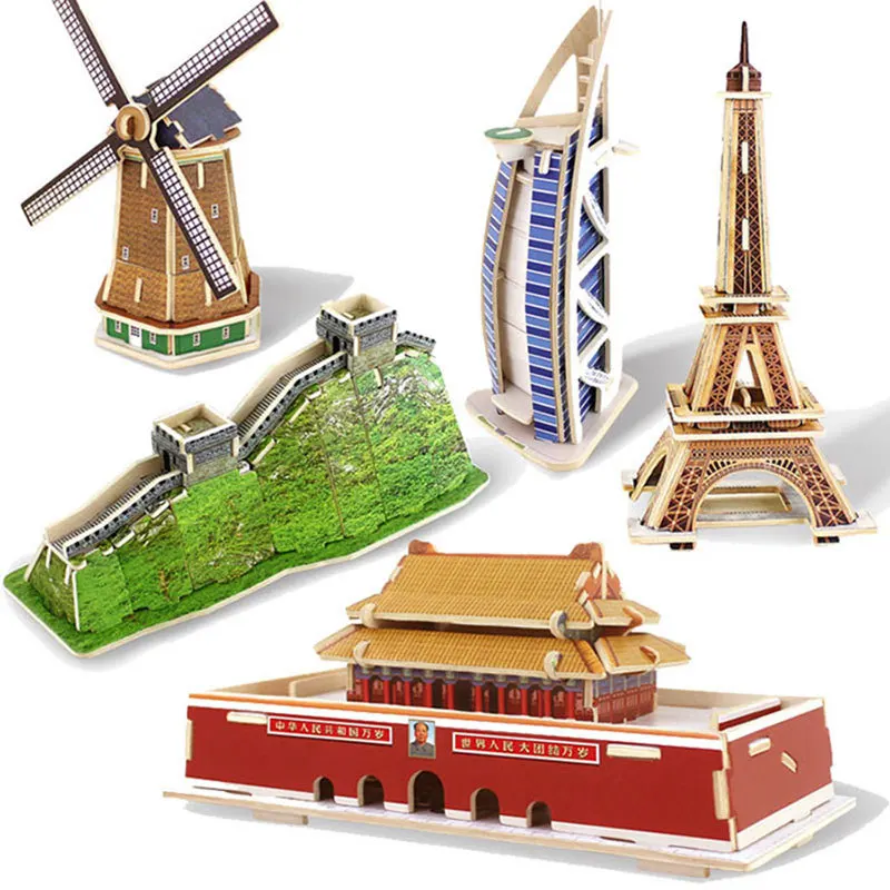

DIY 3d Wooden Puzzle Dimensional Model Assembled Brain Teaser Learning Educational Games Toys For Children Jigsaw Kids Toys E09