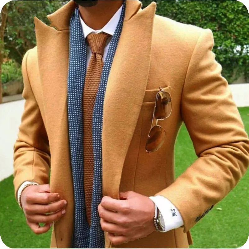 

Tan Brown Tweed Men Suits Jacket Slim Fit Peaked Lapel Casual Coat Suits Two Button Autumn/Winter Mens Blazer Masculino