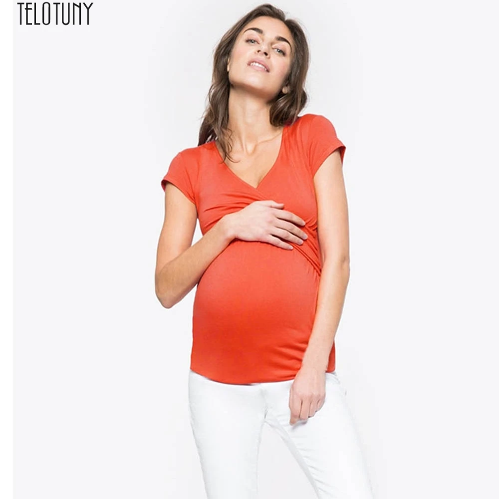 TELOTUNY Women Maternity Solid sexy v-neck short sleeve tops Pregnant Nursing soft Multifunctionl Blouse T-Shirt x0510