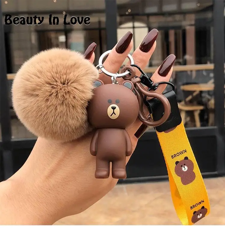 Cartoon Bear Brown Bunny Cony Real Pompom Pom pom Keychain Key Ring Women Wrasit Band Trinket Key Chains Car Bag Pendent Charm