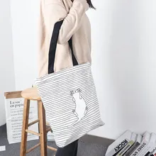 Модные женские сумки для покупок, полосатые сумки на плечо, милые холщовые сумки с кошкой, Удобные сумки для хранения большой емкости