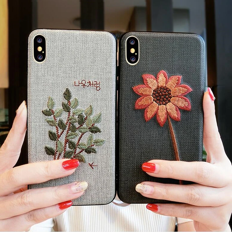 

VIAERSON Handmade Embroidery Case For iPhone X XS Case 3D Vintage Flower Leaves Fabric Skin Soft Cover For iPhone 6 6S 7 8 Plus