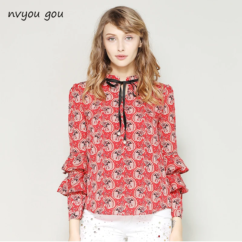 Acheter Nvyou gou Printemps Été Élégant À Manches Longues À Volants Couche de Mousseline de Soie Blouse Femmes Vintage Imprimé Floral Arc De Mode Cravate Chemise Décontractée
