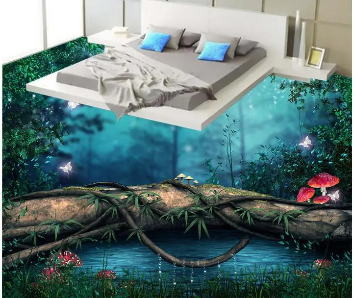 

3d pvc flooring custom photo Waterproof floor wall sticker Forest wooden bridge decoration painting 3d room murals wallpaper