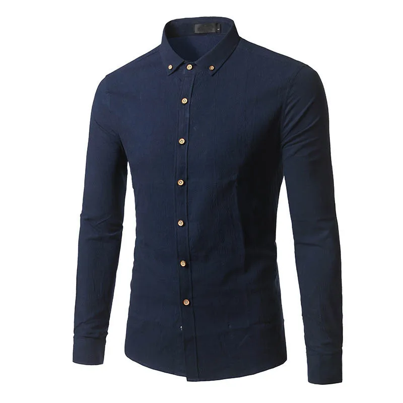 С длинным рукавом Для мужчин Осенняя дизайнерская Однотонная рубашка Non Iron Slim Fit Бизнес рубашки Для мужчин, повседневные платья с длинным рукавом рубашка саржа белого и синего цвета Pi - Color: Navy Blue