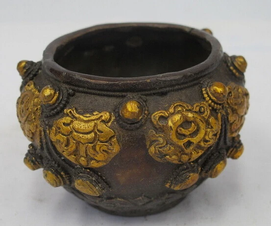 

B0601 504Tibet Folk old Bronze Gilt Buddhist Eight treasures Lucky Symbol Incense Burner statue