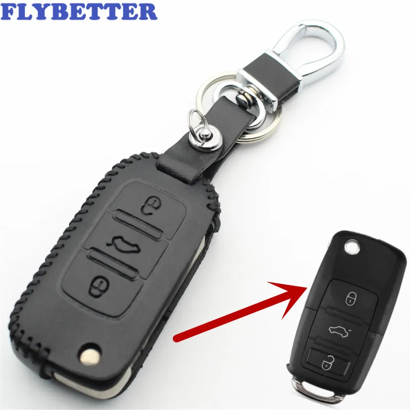 

FLYBETTER Genuine Leather 3Button Key Case Cover For Vw Golf/Passat/Touran/Polo/Bora/Jetta/Beetle For Skoda Car Styling L1610