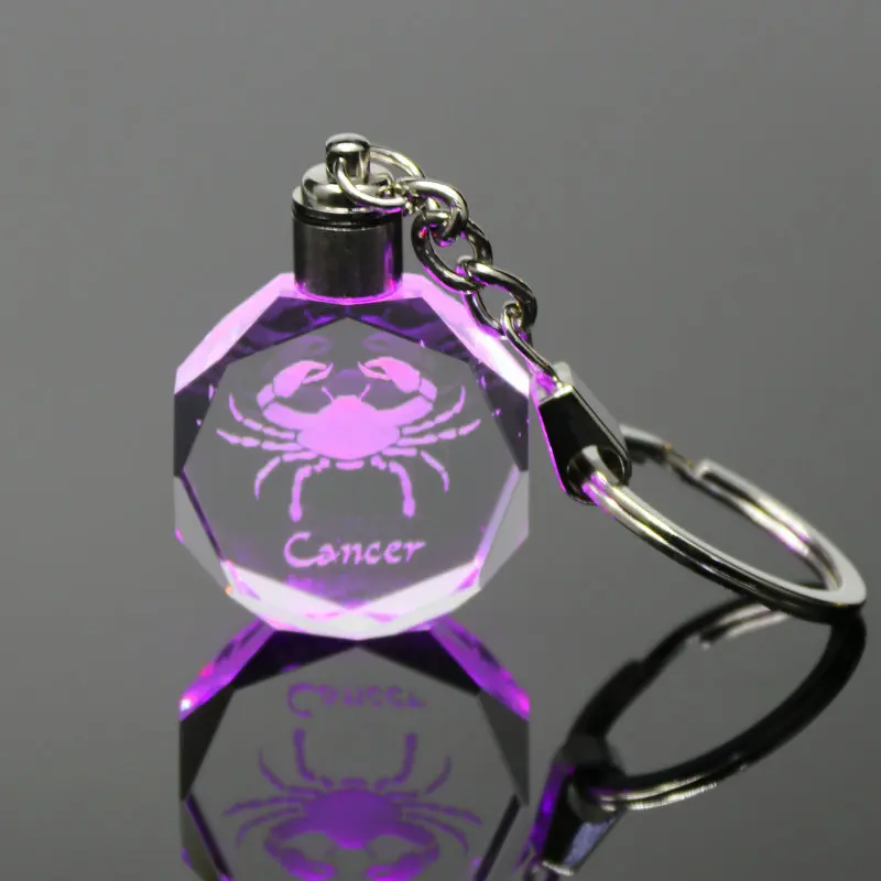 

Simple Crystal LED Light Car Keychain Laser Engraving 12 Constellation Key Ring Chain Log Hanging Pendant For Women Men Gifts