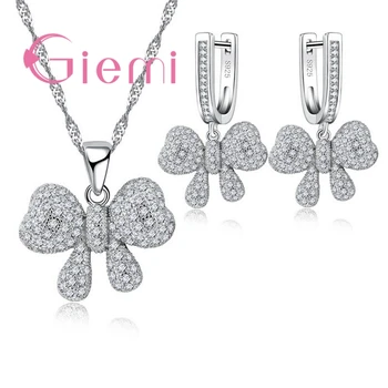 

GIMIE Hot Sell Hollow Bow Tie Design Jewelry Sets 925 Sterling Silver Necklace & Lever Back Koop Earring & Pendant Accessories