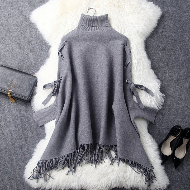Pulls Gland Femelle Qualité Tricoté Lâche Chauve 2018 souris Col Roulé Manches Femmes rouge Chandail Haute Printemps Cape Nouveau Noir gris fqfZYI