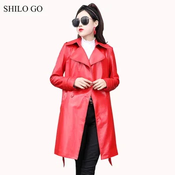

SHILO GO Leather Trench Womens Spring Fashion sheepskin genuine long coat Fur lapel collar double breasted belt straight coat