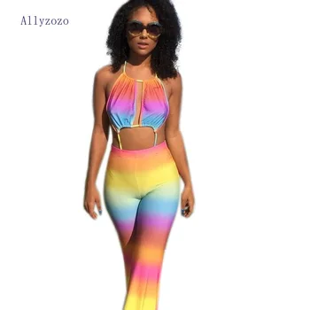

Allyzozo Summer Sexy Backless Hot Beach Jumpsuits Rainbow Halter Spaghetti Strap Boot Cut Panty Playsuits