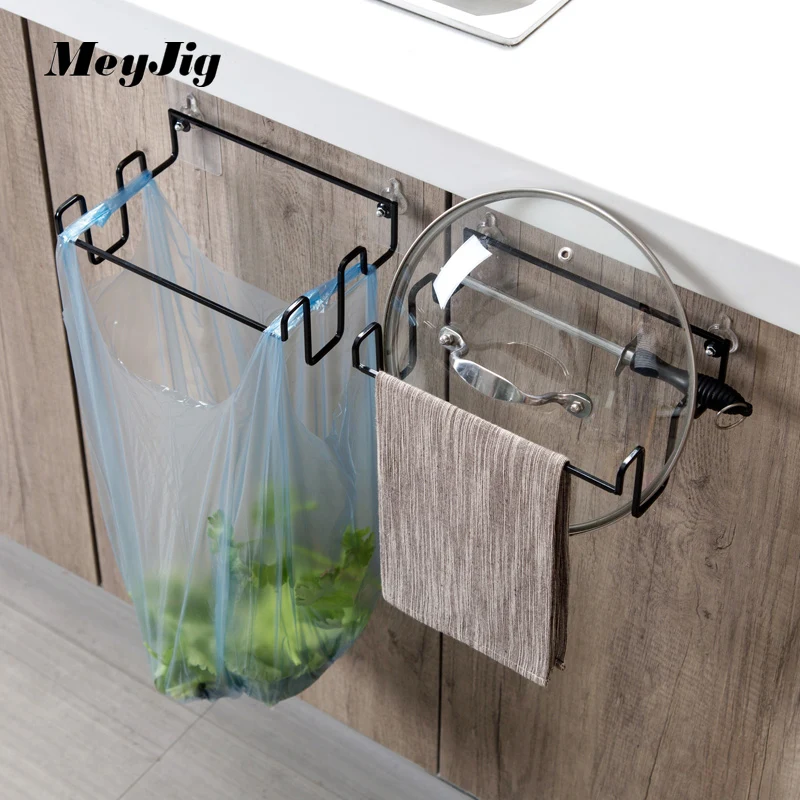 Meyjig Multifunction Wrought Iron Hanging Trash Can Garbage Bag Hanger Organizer Kitchen Free