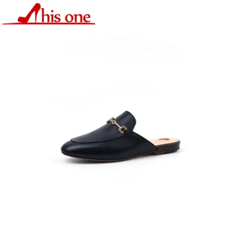 

2018 Low Heel Genuine Leather Slippers Women Custom replacement metal chain Embroidery decoration Gold Velvet Closed Toe Shoes