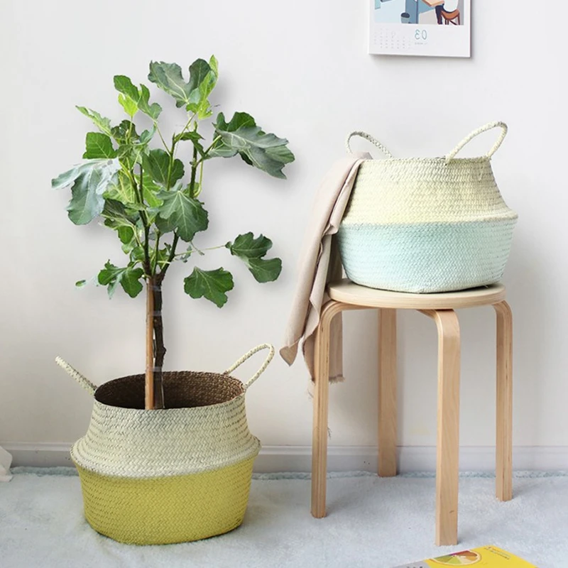WHISM Foldable Flowerpot Seagrass Rattan Flower Pot Decorative Colorful Planter Pot Storage Basket for Home Balcony Garden Decor