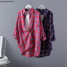 Qiukichonson Plaid Plus Size Women Long Shirt 2019 Spring Low High Design Ladies Tops Turn Down Collar Casual Long Sleeve Blouse simple design shirt collar long sleeves high low letter printed shirt for women