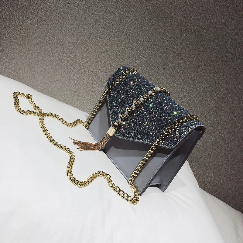 

Trendy handbag 2019 new sequins small square bag solid color buckle chain wild slanting shoulder bag tassel -1