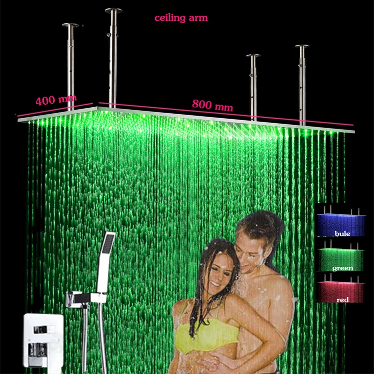 

Hot Cold Bath Shower Mixer Faucet 400x800 Wall Mount Stainless Steel LED Big Rain Shower Head and HandShower Conceal Shower Set