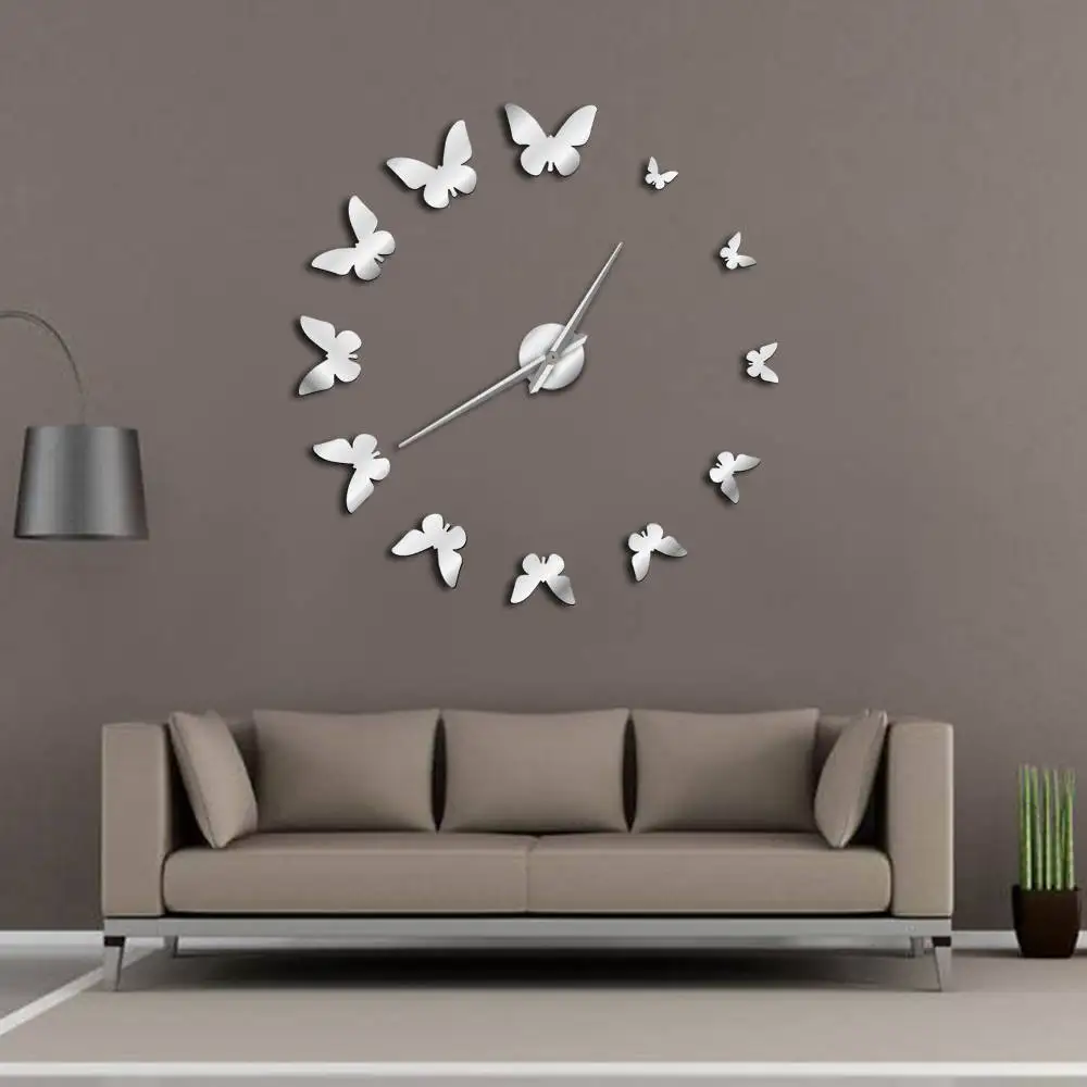 

Decorative Mirror Wall Clock Nature Flying Butterflies Modern Design Luxury DIY Large Wall Clock Frameless Wall Watch Clock