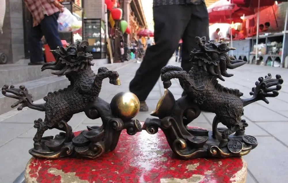 

Chinese Copper Feng Shui Evil Money wealth Foo Dog Lion kylin Kirin Statue Pair