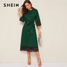 SHEIN стильный абайя зеленый ресницы кружева подол поясом длинное платье-туника Женские Элегантные Твердые Лето Осень офисные женские прямые платья