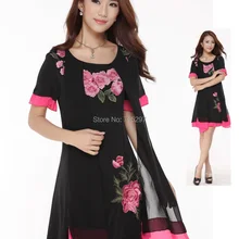 Лидер продаж дизайн плюс размеры для женщин летнее платье с вышивкой Элегантные с коротким рукавом черные платья Тонкий повседневное D63