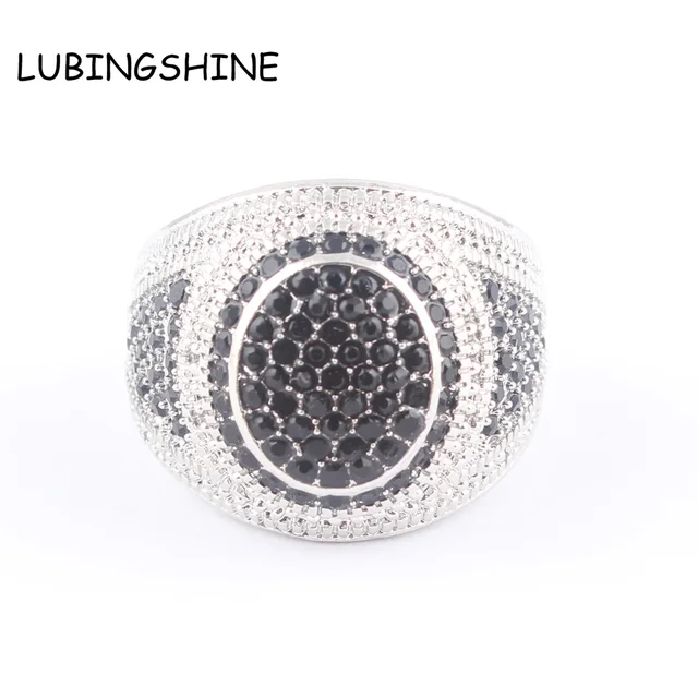 LUBINGSHINE Big Round Black Crystal Stone Retro Silver Color Men Engagement Ring LUBINGSHINE Big Round Black Crystal Stone Retro Silver Color Men Engagement Ring