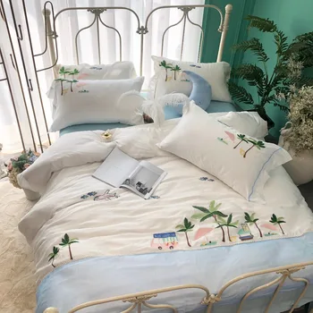 

Dream beach Bedding Set Blue white Embroidery Bed Set Luxury tencel Bed Sheet Queen King size Duvet Cover Set lyocell bed linen