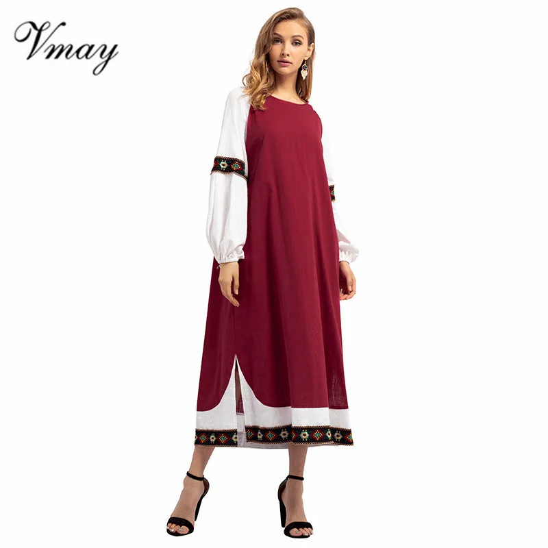 Vmay 2018 New Arrival Women Embroidered Stitching Round Neck Lantern Sleeves Long Sleeve Loose Spring And Autumn Dress | Женская одежда