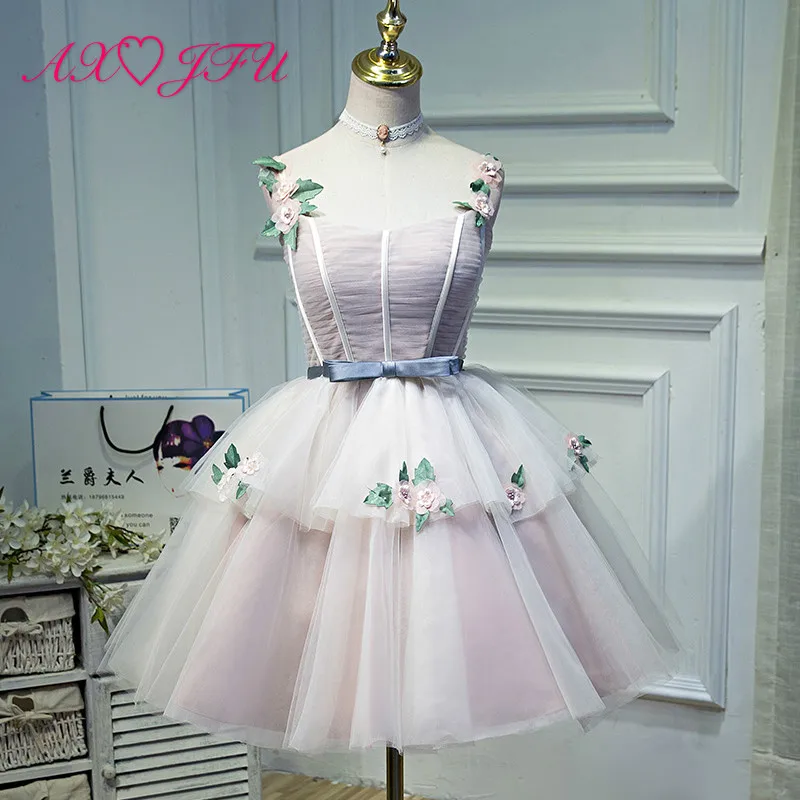

AXJFU Pink flower princess lace evening dress short small flower pink lace evening dress party princess evening dress