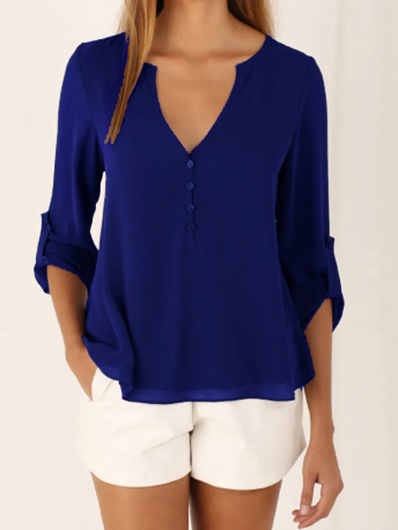 Feminina com Decote em v Camisa para Mulheres Blusa Profundo Botões Manga Comprida Chiffon Cor Sólida Preta Casual Blusas S-5xl 11 Cheap Blusas e Camisas