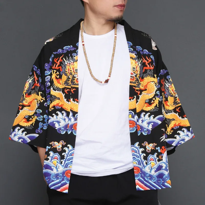 Acheter Hommes Dragon Robe Impression D été Casual Chemise À Manches Courtes Mince Veste Mode Masculine Solaire Shirt Cardigan Kimono Manteau