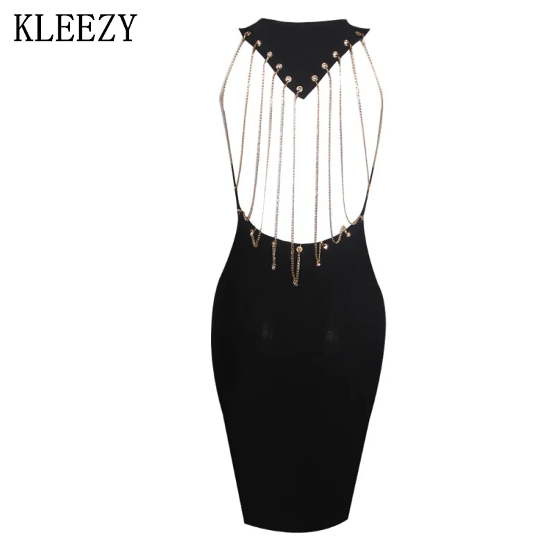 KLEEZY Gold chains Back Open Down Bodycon Party Evening Club Bandage