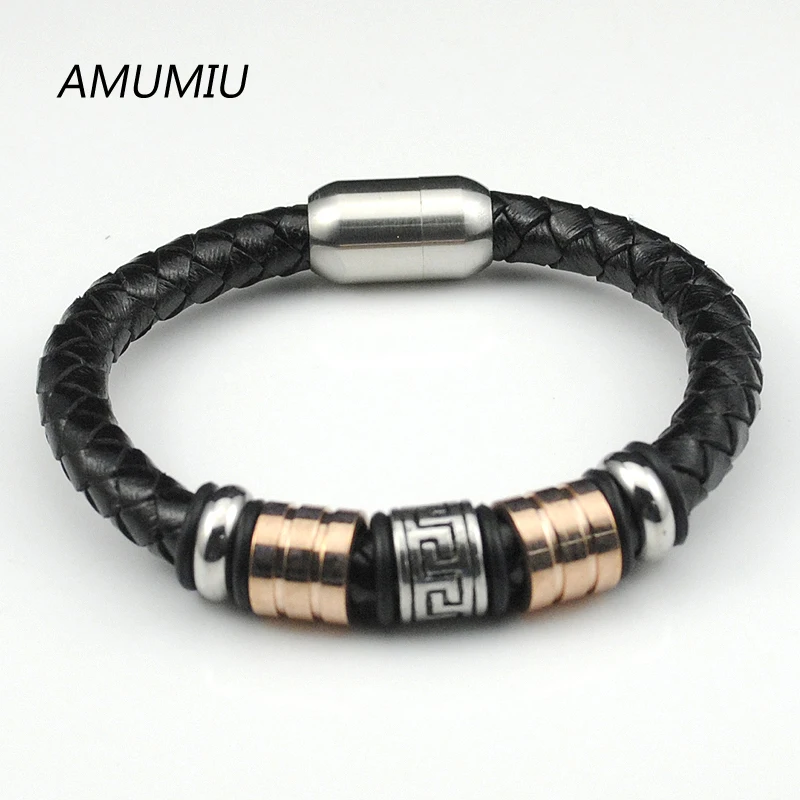 AMUMIU плетеные браслеты из искусственной кожи для мужчин браслет и браслет модные мужские ювелирные изделия черный HB040