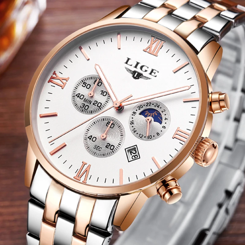 

LIGE New Men Watch Stainless Steel Mesh Quartz Watch Waterproof Clock Multi-function Chronograph Date Display Wristwatch Relogio