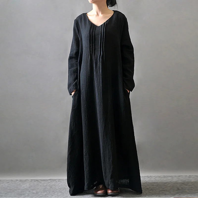 Embroidery Maxi Dress Women Loose Cotton Linen Dress O Neck Long Sleeve ...