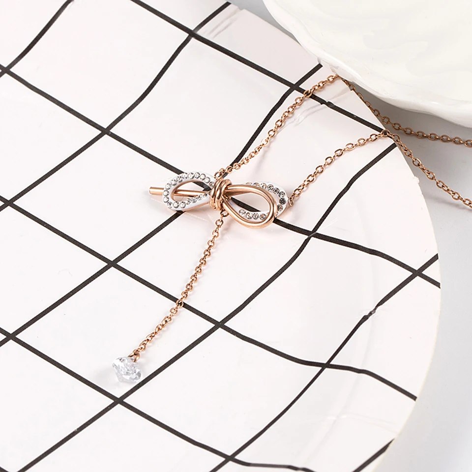 Подвеска в форме банта для ожерелья дамское розовое золото Кристальное ожерелье s титановая стальная цепочка ожерелье модное ювелирное изделие подарок на день Святого Валентина