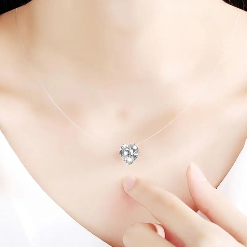 

Invisible Heart Cubic Zirconia Stone Pendant Necklace Clear Fishing Line Chokers