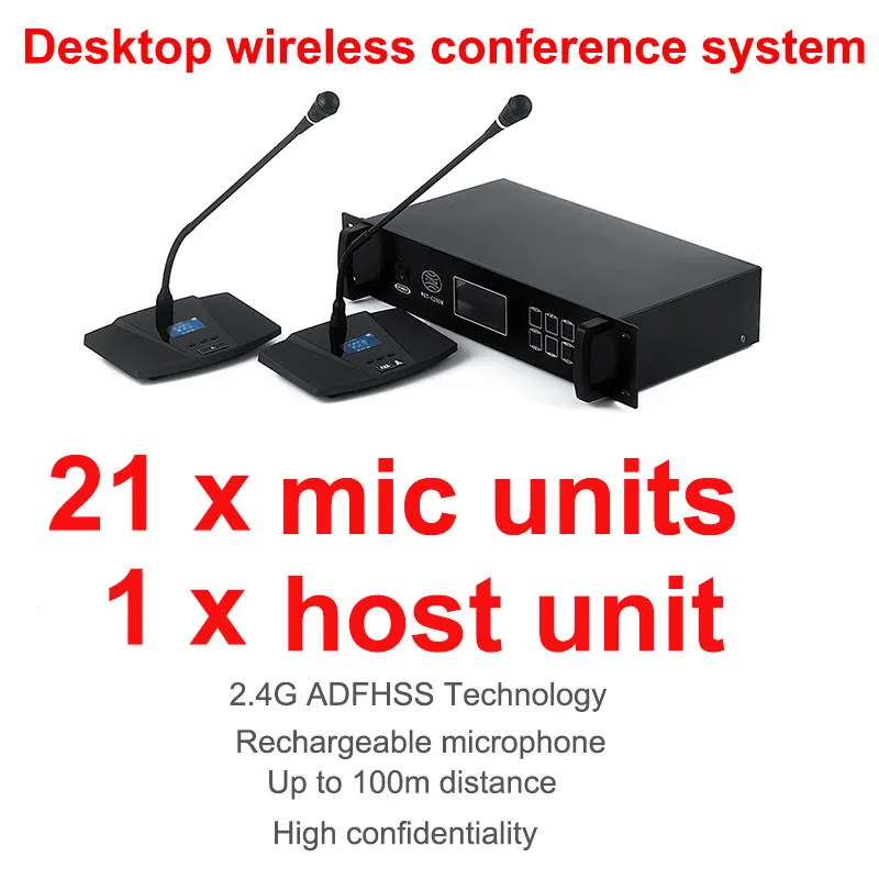 Профессиональная цифровая беспроводная настольная микрофонная система для Конференции 2,4G состоит из 1 ведущего блока, 21 руководителя и делегат