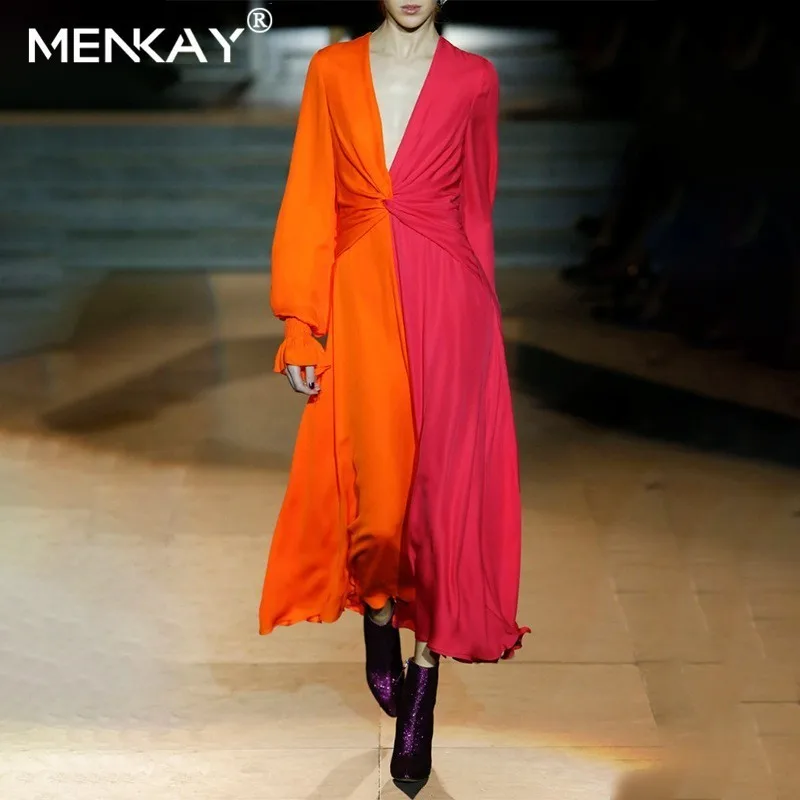 

[MENKAY] Plus Size Hit Color Women Long Dress Elegant V-neck Sashes A-line Patchwork Long Dresses Summer Beach Casual Streetwear