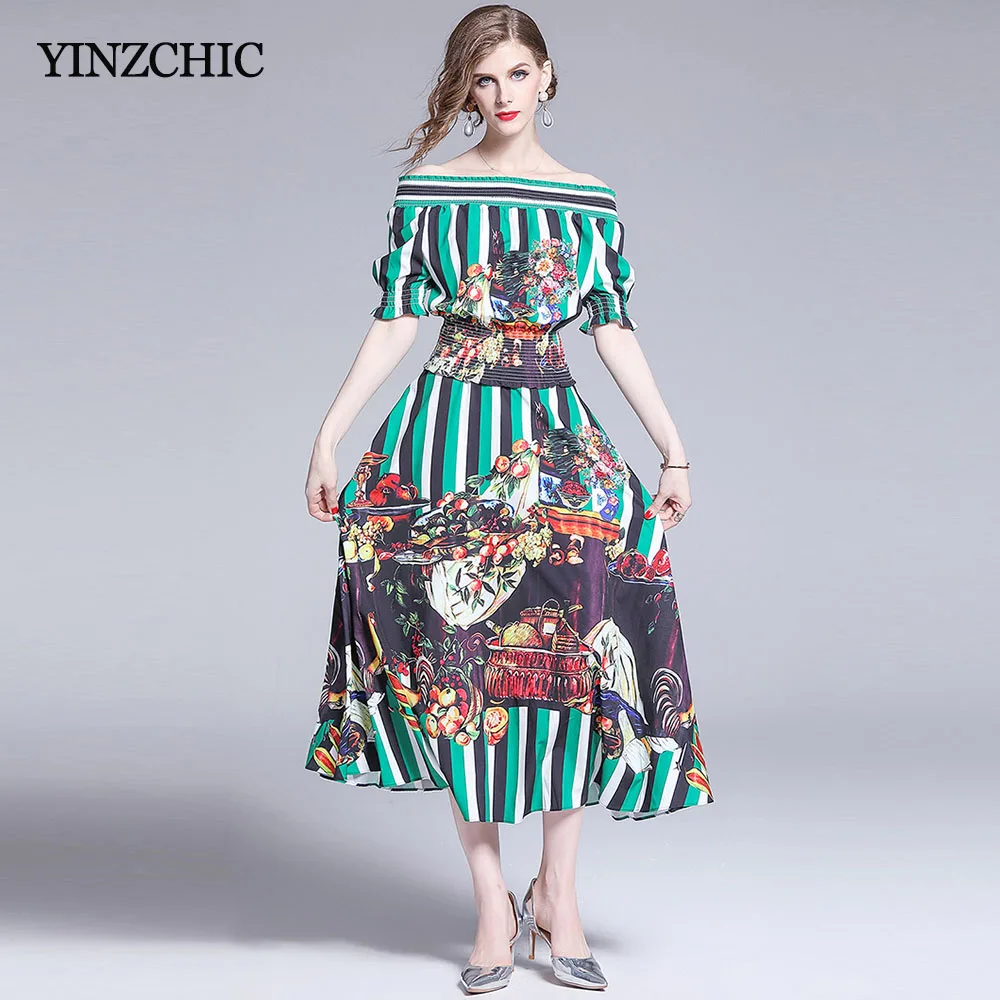 

Summer Woman Two-pieces Suit Slash Neck Blouse A-line Skirts Sets for Elegant Lady Female Casual New Slim Suit Vintage Print Set